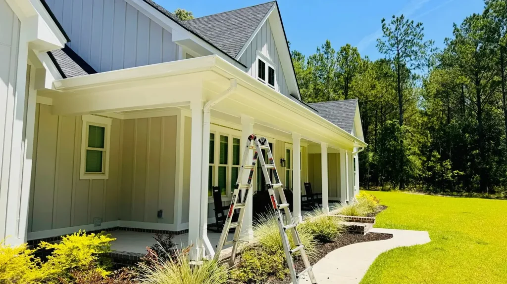 Single-story home with light siding and white gutters, featuring a covered porch with columns and a ladder set up for gutter installation or maintenance, surrounded by landscaped yard and trees.
